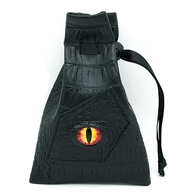 Mimic Dice Bag - Black faux leather dice bag shaped like a pyramid with a textured reptile pattern and a red and yellow reptilian eye design.