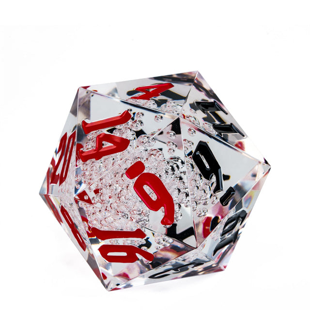Giant 55mm D20 - Black & Red Bubbles - Transparent giant 55mm acrylic D20 dice with red and black bubble-filled numbers.