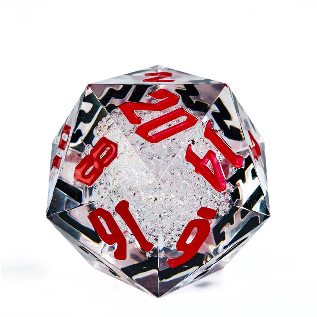 Giant 55mm D20 - Black & Red Bubbles - Giant clear acrylic D20 dice with red and black numbers and bubble-filled interior.