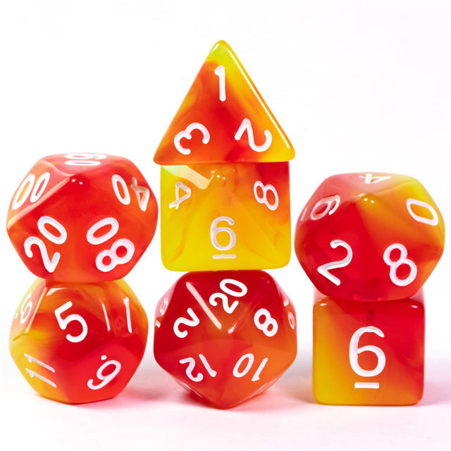 Orange & Yellow Transparent Dice - Set of six orange and yellow transparent acrylic dice with white numbers, including d20, d12, d10, d8, d6, and d4.