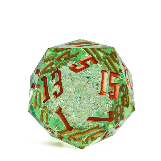 Giant 55mm D20 - Light Green Bubbles - Giant 55mm translucent light green acrylic D20 dice with embedded bubbles and red numbering.