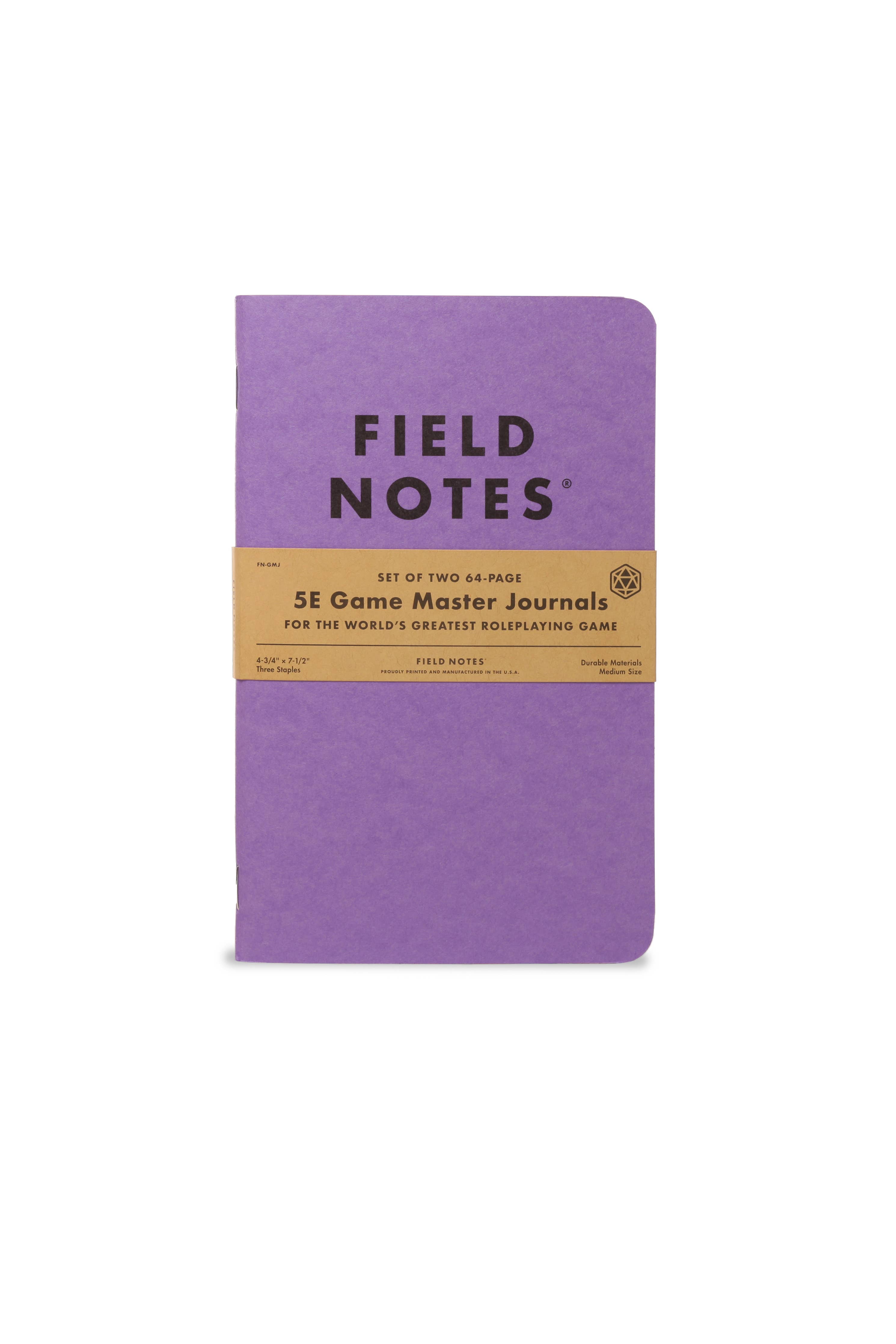 5E Game Master Journals - Purple softcover 5E Game Master Journal with black "Field Notes" text and kraft paper band wrap.