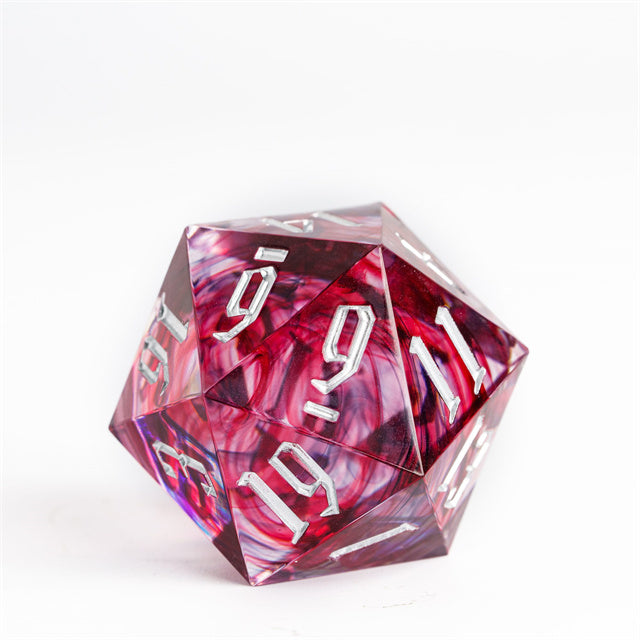 33mm Red Swirl D20 - 33mm translucent red swirl d20 dice with white numbers and glossy finish.