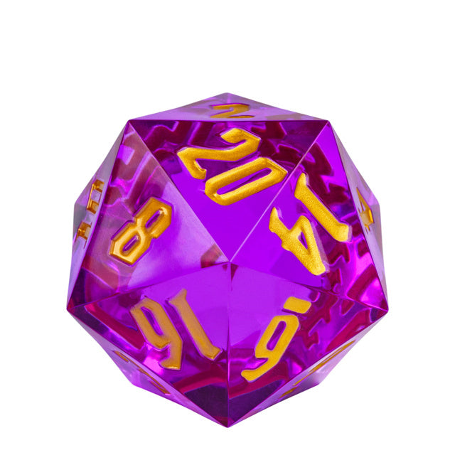 Giant 55mm D20 - Purple - Giant translucent purple 55mm acrylic D20 dice with gold numbering.