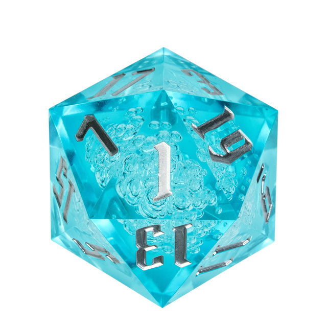Giant 55mm D20 - Blue Bubbles - Giant 55mm blue acrylic d20 dice with bubble-filled interior and silver numbers.