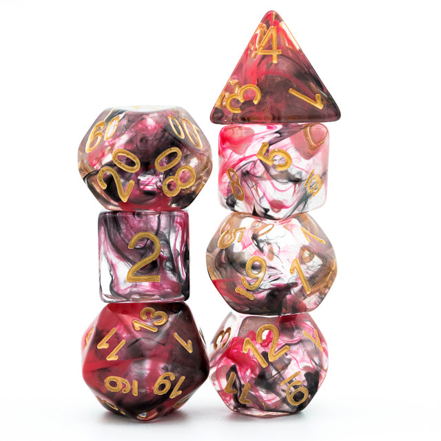 Pink & Black Smoke Dice Set - Pink and black smoke polyhedral dice set with gold numbering, includes d20, d12, d10, d8, d6, d4 and percentile dice.