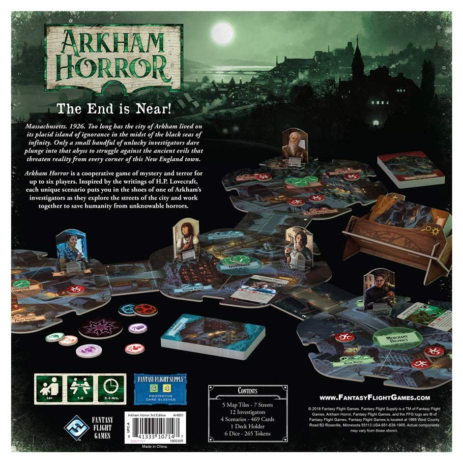 Arkham Horror 3E - Arkham Horror 3E cooperative board game with character cards, tokens, and map tiles displayed on table.