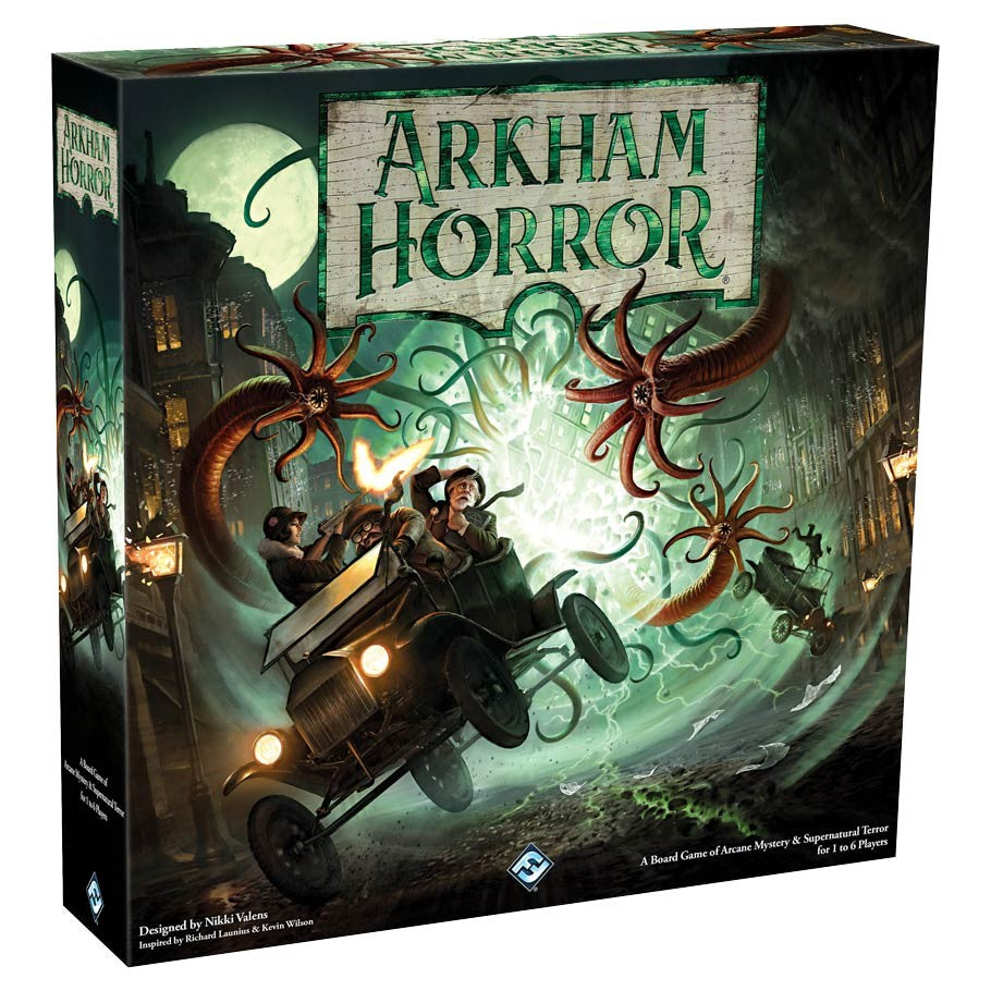 Arkham Horror 3E - Arkham Horror 3E board game box featuring investigators in a vintage car battling tentacled monsters in a dark, eerie.