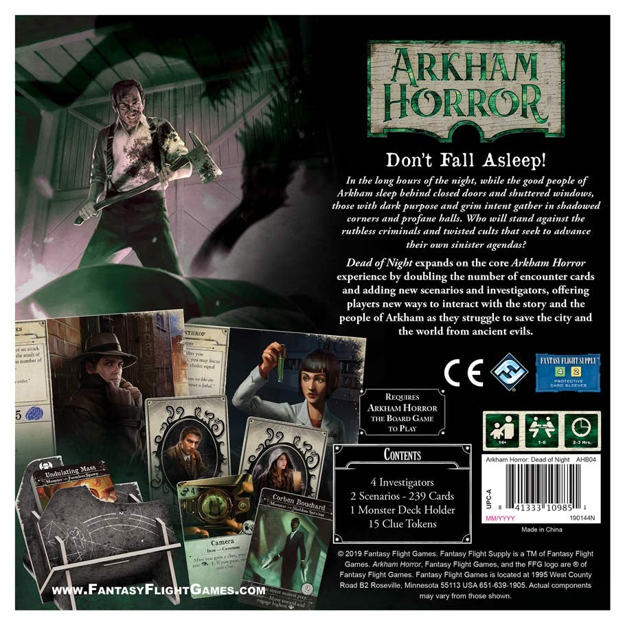 Arkham Horror 3E: The Dead of Night - The Dead of Night expansion box featuring dark, eerie artwork with a distressed man in a greenish foggy setting and thematic