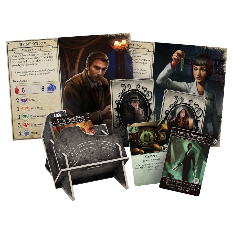 Arkham Horror 3E: The Dead of Night - The Dead of Night game expansion cards and character boards with dark mystical artwork.
