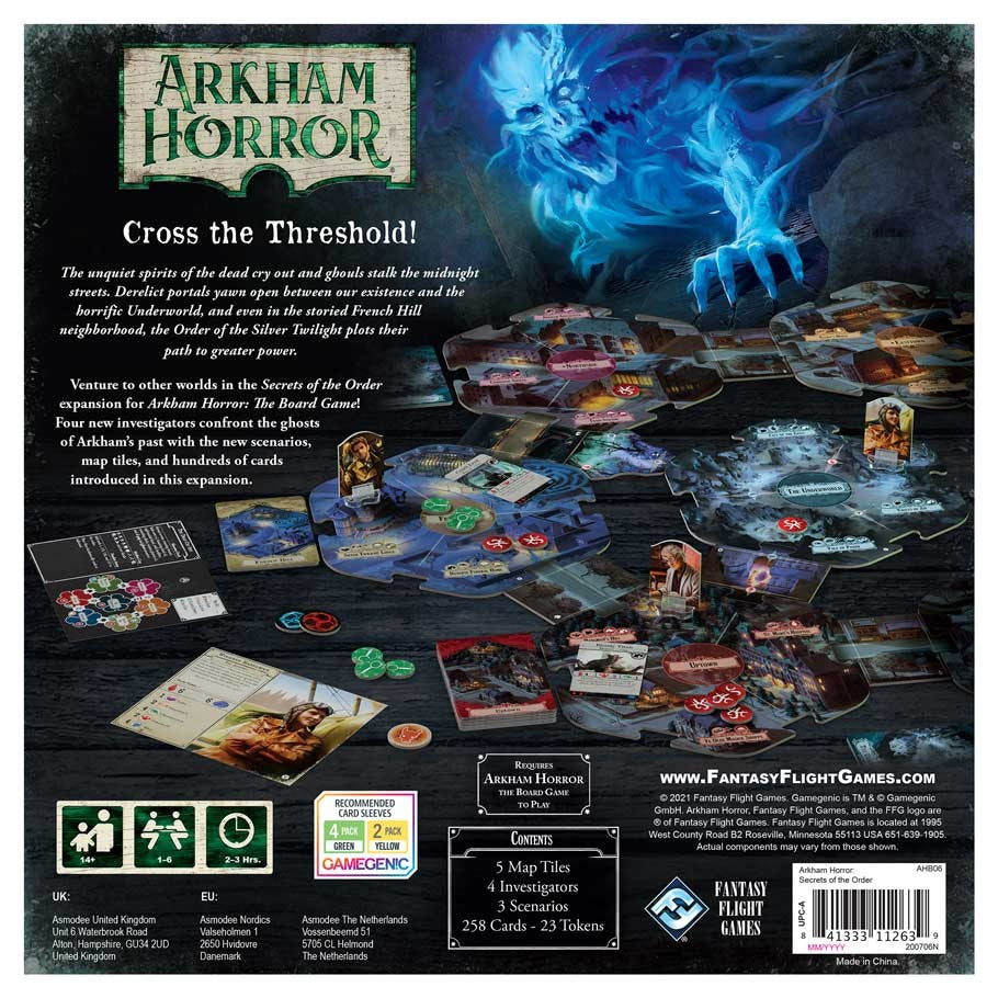 Arkham Horror: Secrets of the Order - Secrets of the Order cooperative game expansion box with game components and mystical blue ghostly figure artwork.