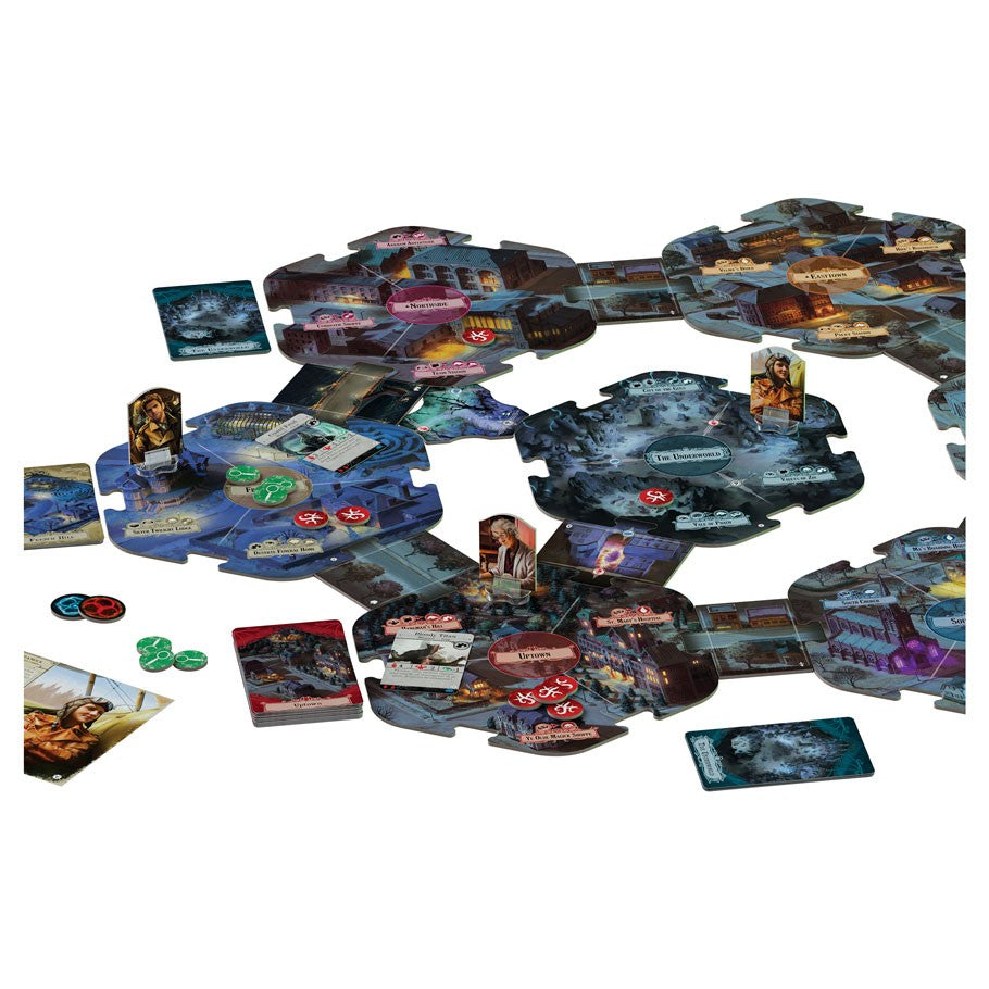 Arkham Horror: Secrets of the Order - Modular game board with dark, eerie artwork, cards, character tokens, and dice for a cooperative expansion game.