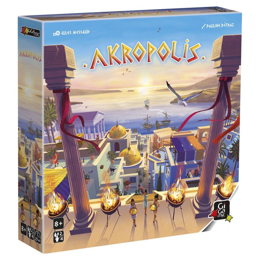 Akropolis - Akropolis strategy board game box with ancient city artwork and torches at sunset.
