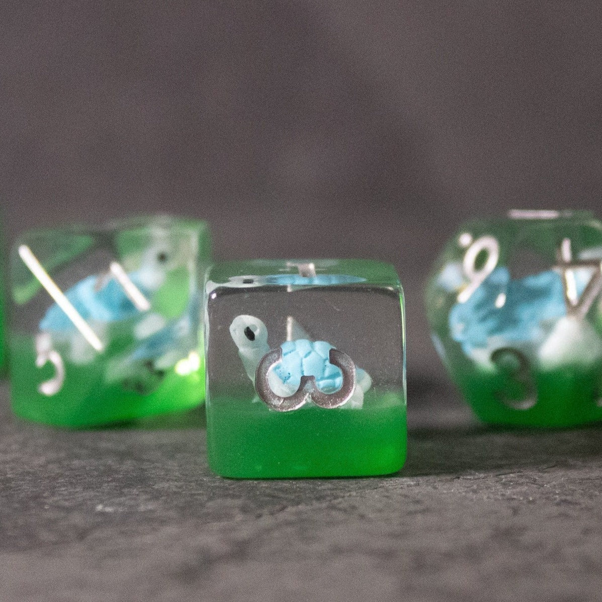 Blue Turtle Dice - Transparent green and clear six-sided dice with a blue turtle embedded inside and white numbering.