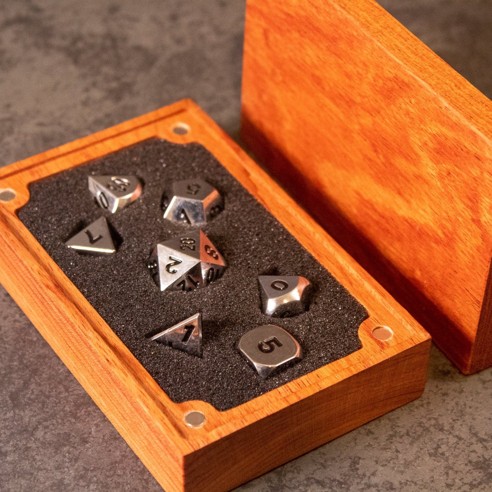 Purity - Silver Metal - Set of seven silver metal dice with black numbers in a wooden box with black foam insert.
