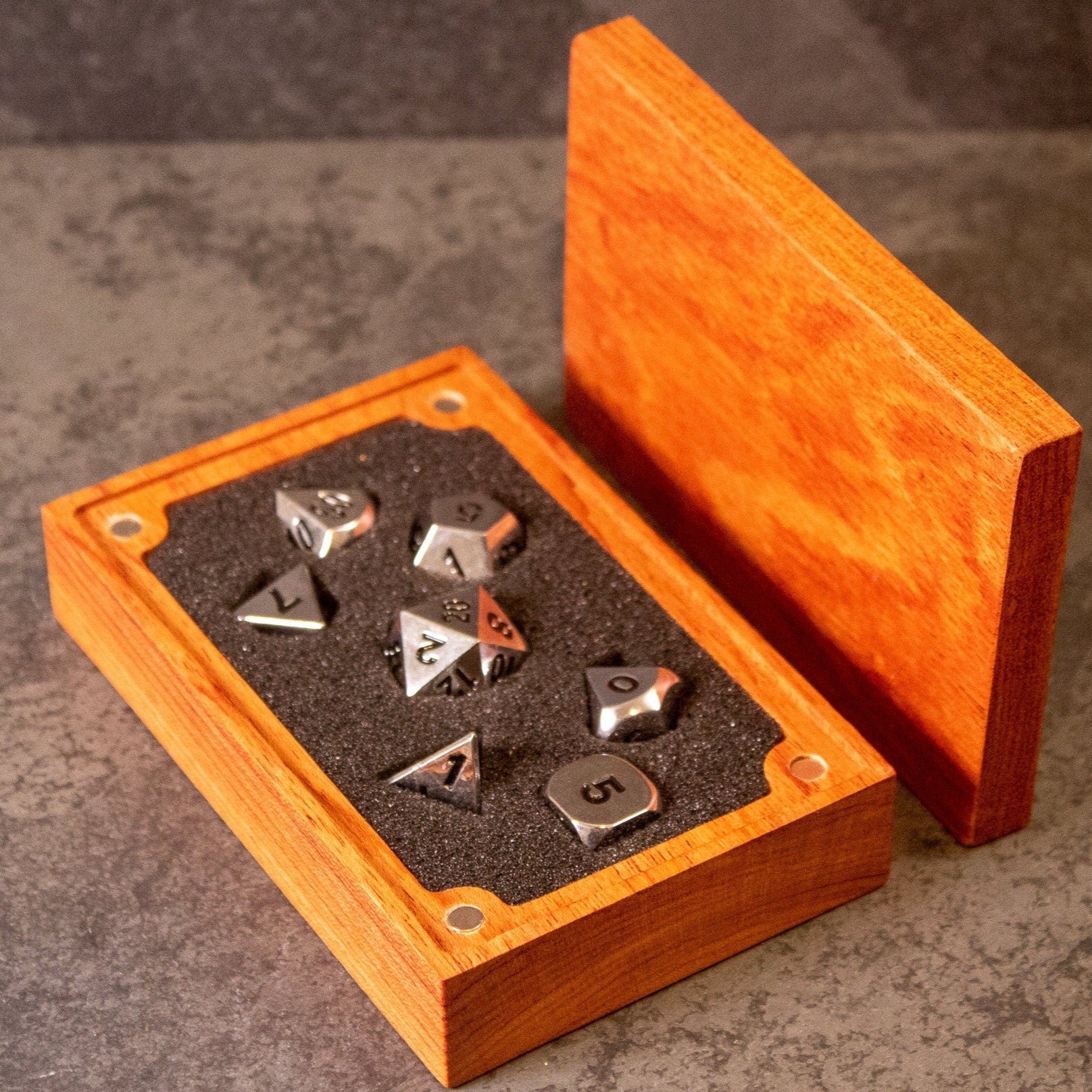 Purity - Silver Metal - Set of seven silver metal dice with black numbers arranged in a wooden box with foam insert.