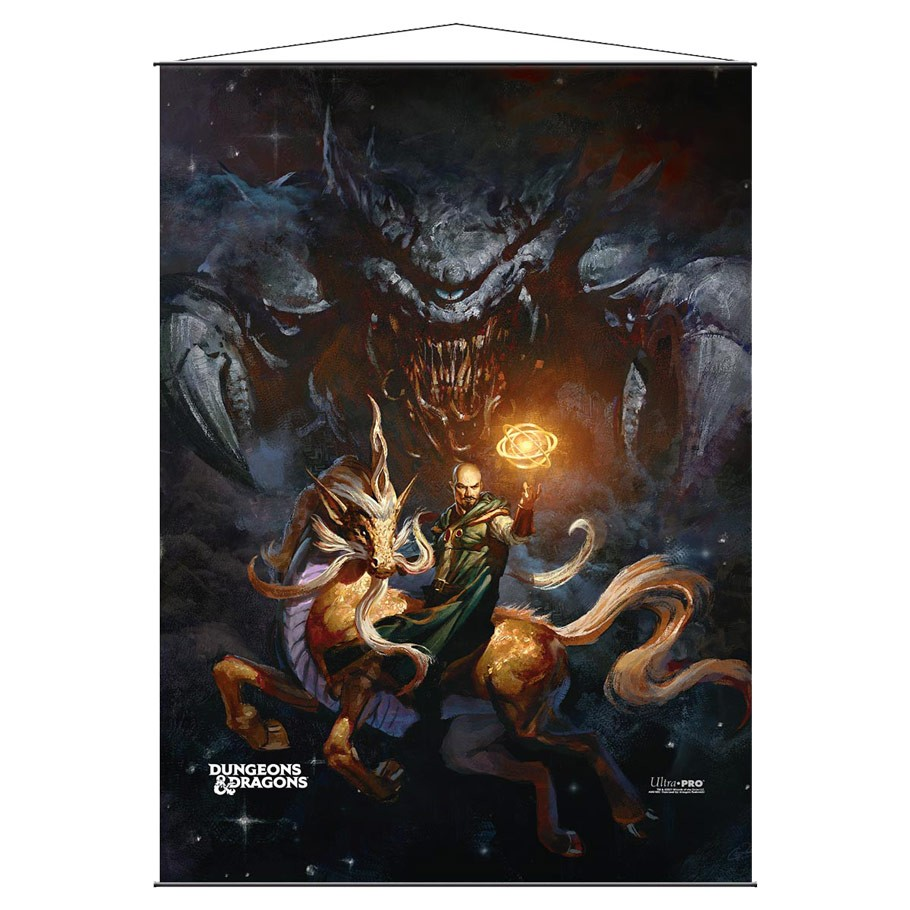 Wall Scroll: D&D: Monsters of the Multi - Dungeons & Dragons wall scroll featuring a wizard casting a spell atop a horned, lion-like creature with a shadowy dragon.