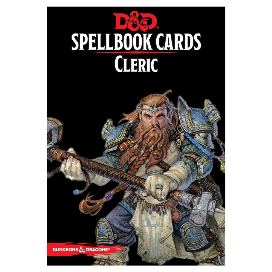 D&D Spellbook Cards: Cleric Deck - D&D Spellbook Cards Cleric Deck with bearded armored cleric wielding a large mace on black background.