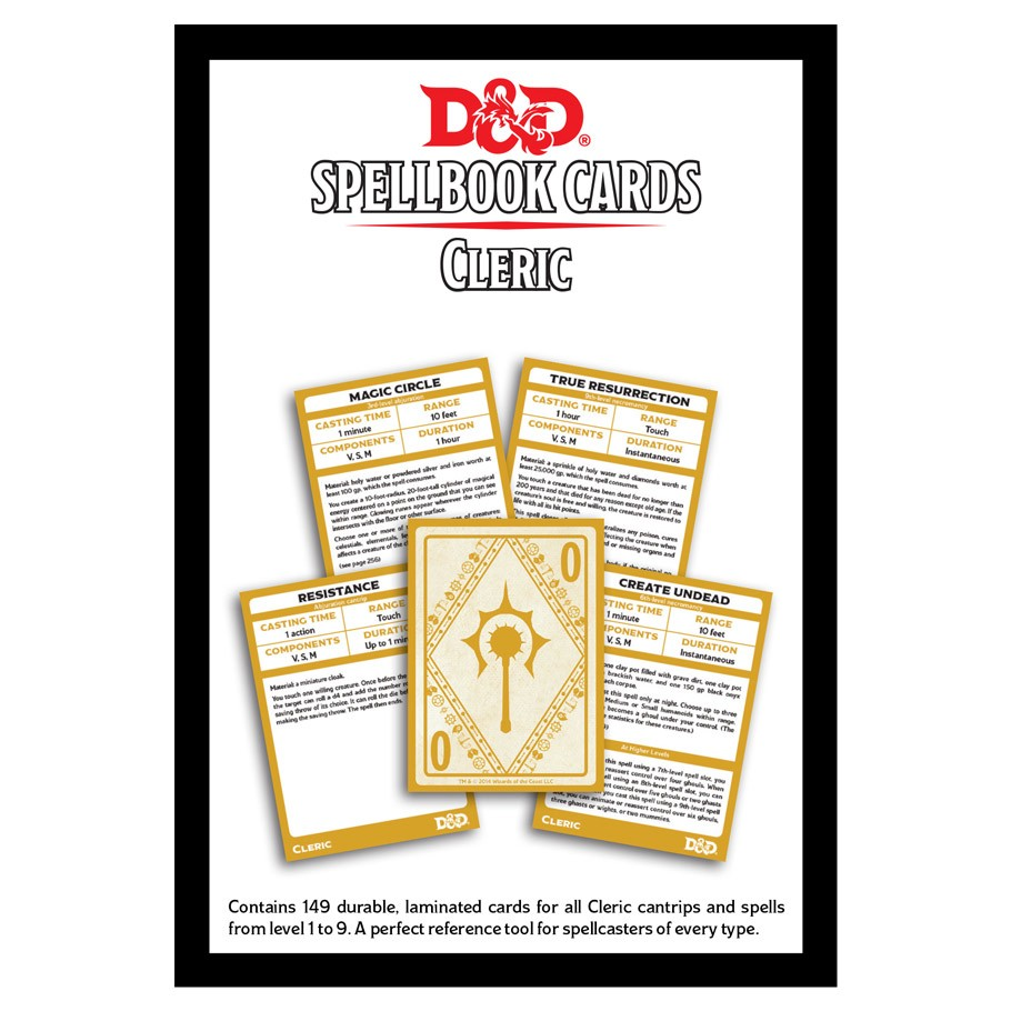 D&D Spellbook Cards: Cleric Deck - D&D Spellbook Cards Cleric Deck with yellow-bordered cards showing cleric spells and white card back with golden holy symbol .