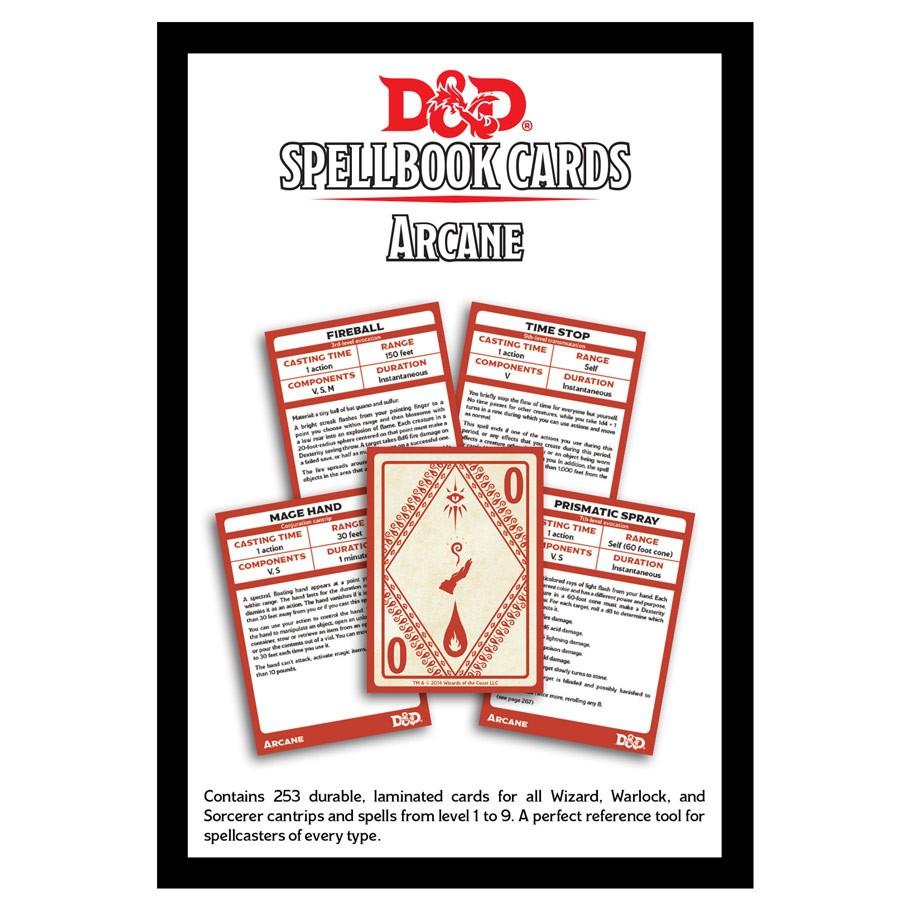 D&D Spellbook Cards: Arcane Deck - Set of D&D Spellbook Cards Arcane Deck showing detailed spell descriptions with red borders and one card back with D20 die.
