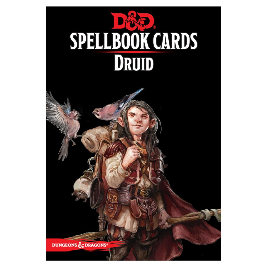 D&D Spellbook Cards: Druid Deck - D&D Spellbook Cards Druid Deck featuring a fantasy druid character with birds on a black background.