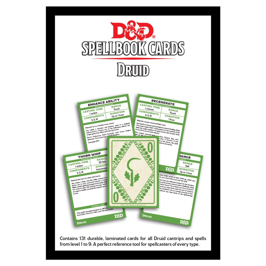 D&D Spellbook Cards: Druid Deck - D&D Spellbook Cards Druid Deck showing five green-bordered cards with spell details and druid symbol on back.