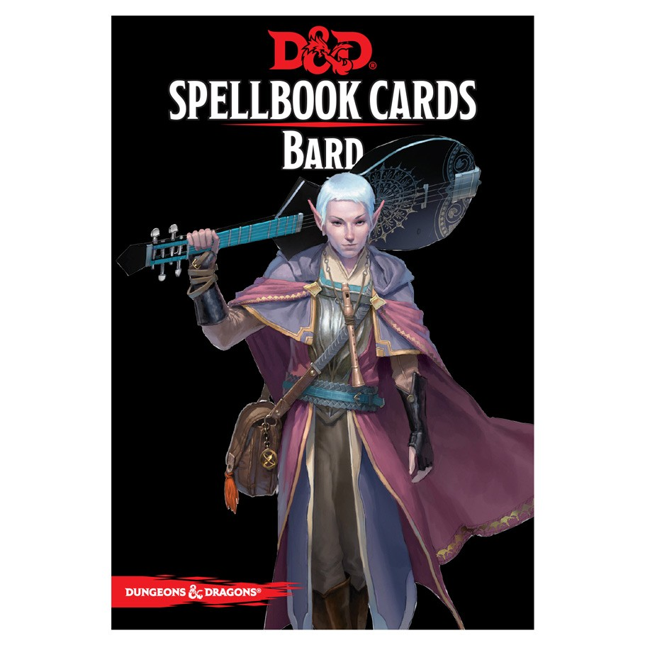 D&D Spellbook Cards: Bard Deck - D&D Spellbook Cards Bard deck box featuring elf bard with lute and purple cloak on black background.