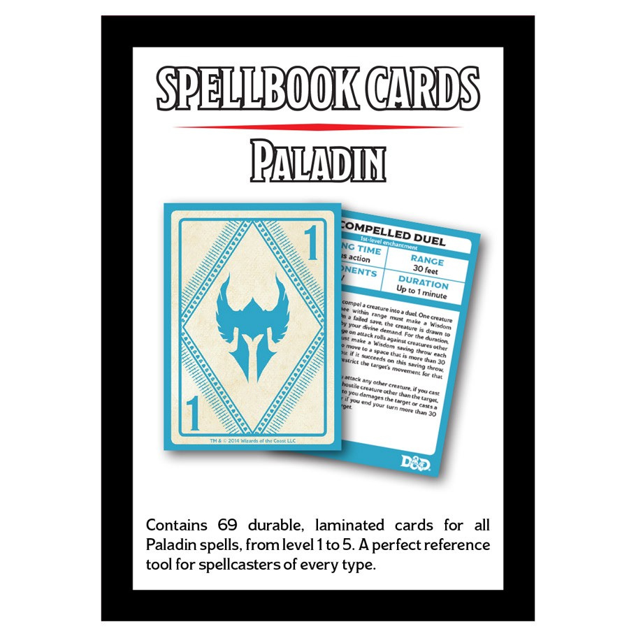 D&D Spellbook Cards: Paladin Deck - D&D Spellbook Cards Paladin Deck with blue trident icon and spell description card showing Smite spell details.