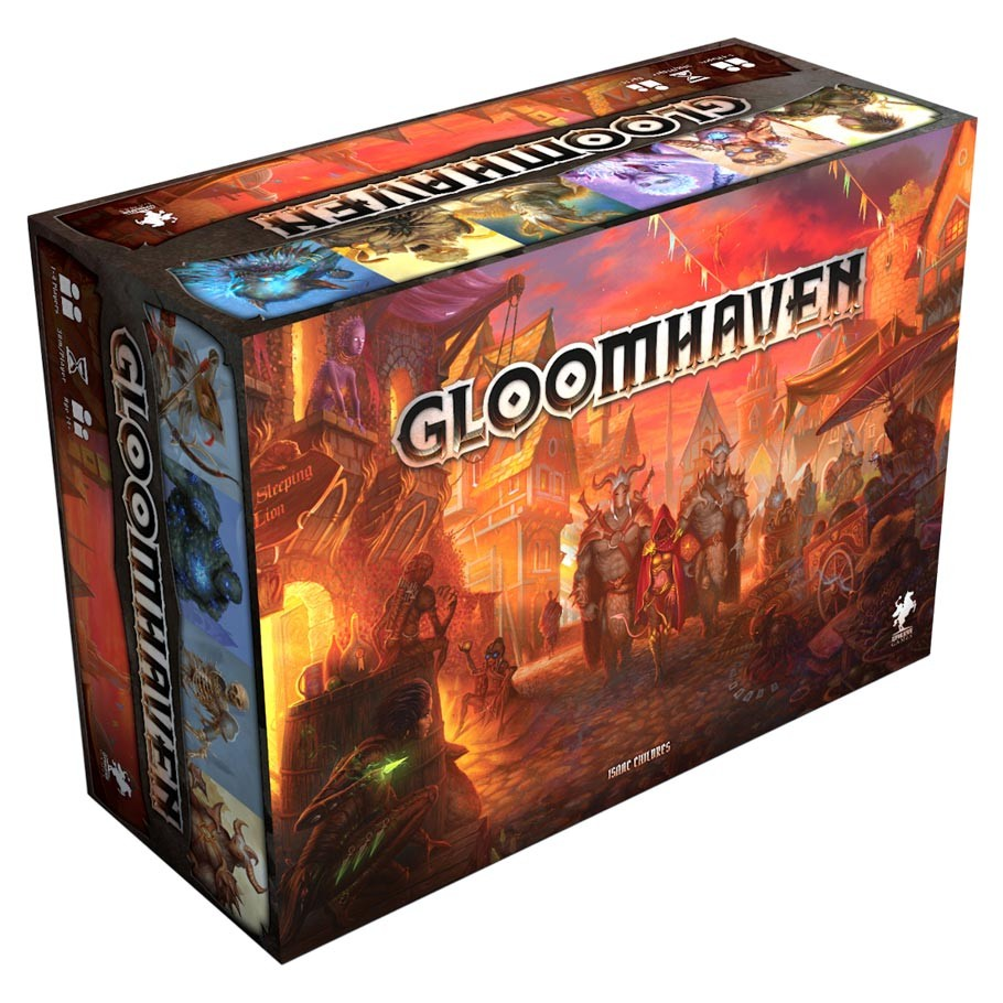 Gloomhaven - Gloomhaven board game box featuring fantasy warriors in a fiery battle scene with bold title text.