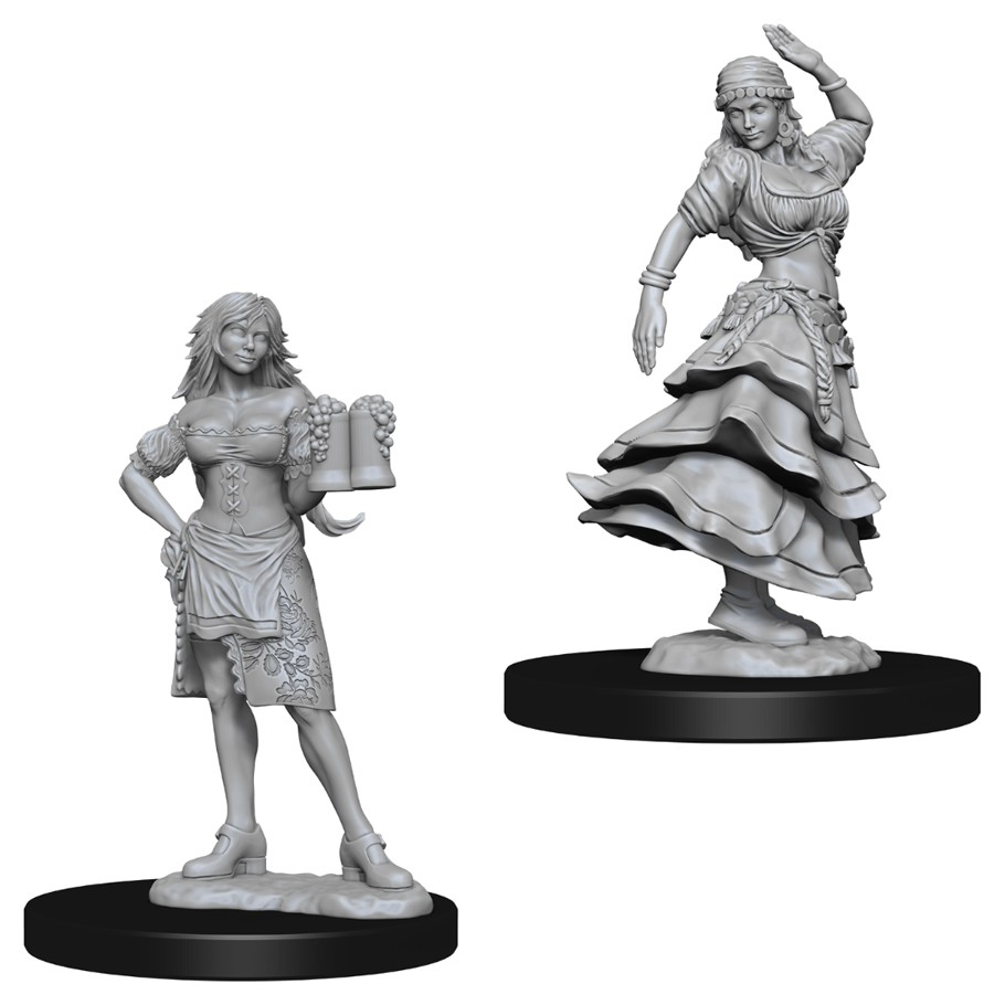 Pathfinder Battles Deep Cuts: Bartender/Dancing Girl W4 - Unpainted fantasy miniature of a confident bartender holding two tankards and a dancing girl in a flowing layered dress with .