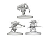 Pathfinder Battles Deep Cuts: Goblins W1 - Three unpainted grey plastic goblin miniatures with distinct poses on round bases, one wielding a large club, another aiming .