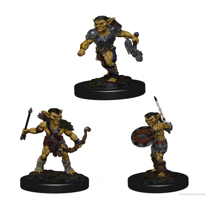 D&D: Nolzur's Marvelous Minis: Goblins W1 - Detailed unpainted goblin miniature in dynamic poses wielding club, spear, and sword with shield on round black bases.