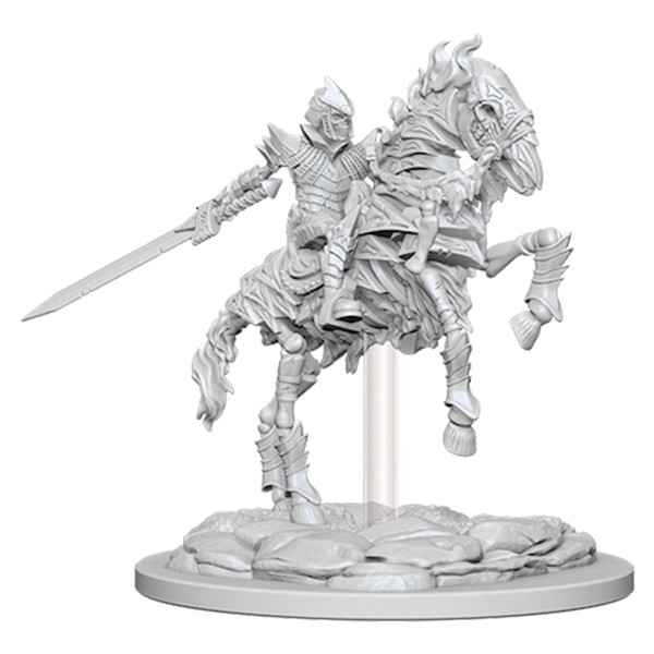 Pathfinder Battles Deep Cuts: Skeleton Knight on Horse W5 - Unpainted miniature of skeleton knight in armor wielding sword, riding skeletal horse rearing on rocky base.