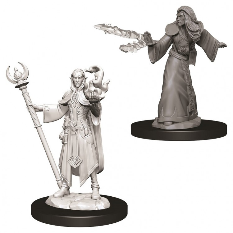 D&D: Nolzur's Marvelous Minis: Male Elf Wizard W9 - Unpainted miniature of male elf wizard with long hair, holding staff and casting spell, in detailed robe.