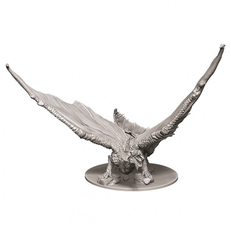 D&D: Nolzur's Marvelous Minis: Young Brass Dragon W9 - Unpainted gray plastic miniature of a young brass dragon with wide, textured wings on a round base.