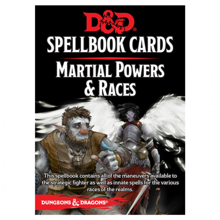 D&D Spellbook Cards: Martial & Race Deck - D&D Spellbook Cards Martial Powers & Races featuring warrior and angelic character art on black background.
