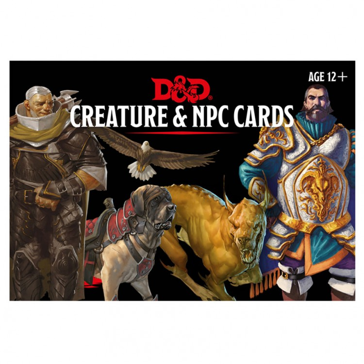 D&D Cards: Creature & NPC - D&D Creature & NPC Cards featuring armored warrior, wizard, eagle, and mythical beasts on black background.