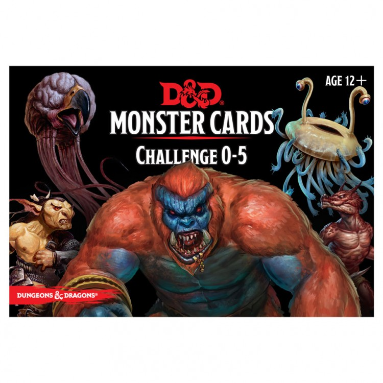 D&D Monster Cards: Challenge 0-5 - D&D Monster Cards box featuring fierce creatures with muscular troll and winged monsters on black background.