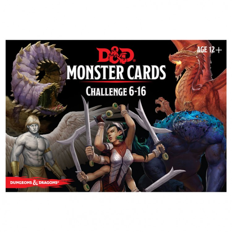D&D Monster Cards: Challenge 6-16 - D&D Monster Cards Challenge 6-16 box featuring fantasy creatures and warriors with swords against a dark background.