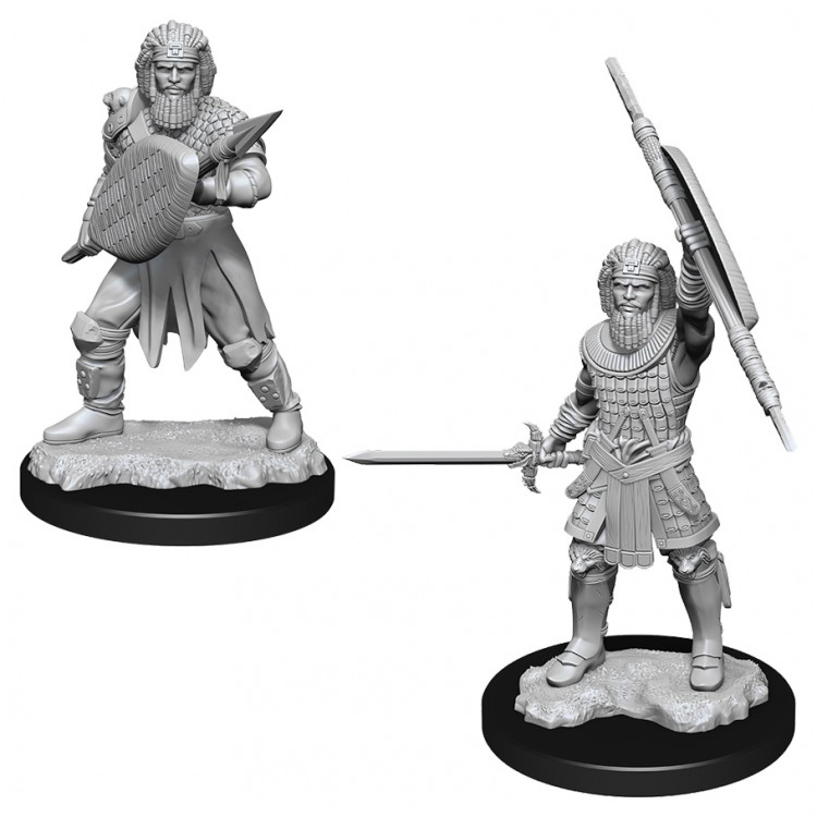D&D: Nolzur's Marvelous Minis: Human Fighter Male W13 - Two gray plastic miniatures of a male human fighter; one wielding a sword and shield in a defensive stance, the other.