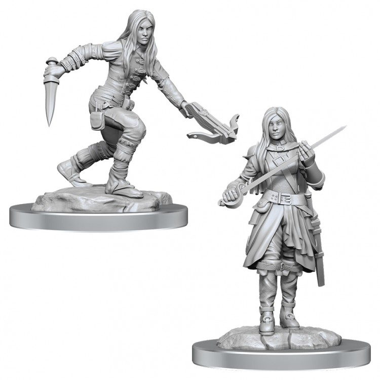 D&D: Nolzur's Marvelous Minis: Half-Elf Rogue Female W17 - Unpainted gray resin miniature of a female half-elf rogue wielding a dagger and gentle hands positioned for stealth,.
