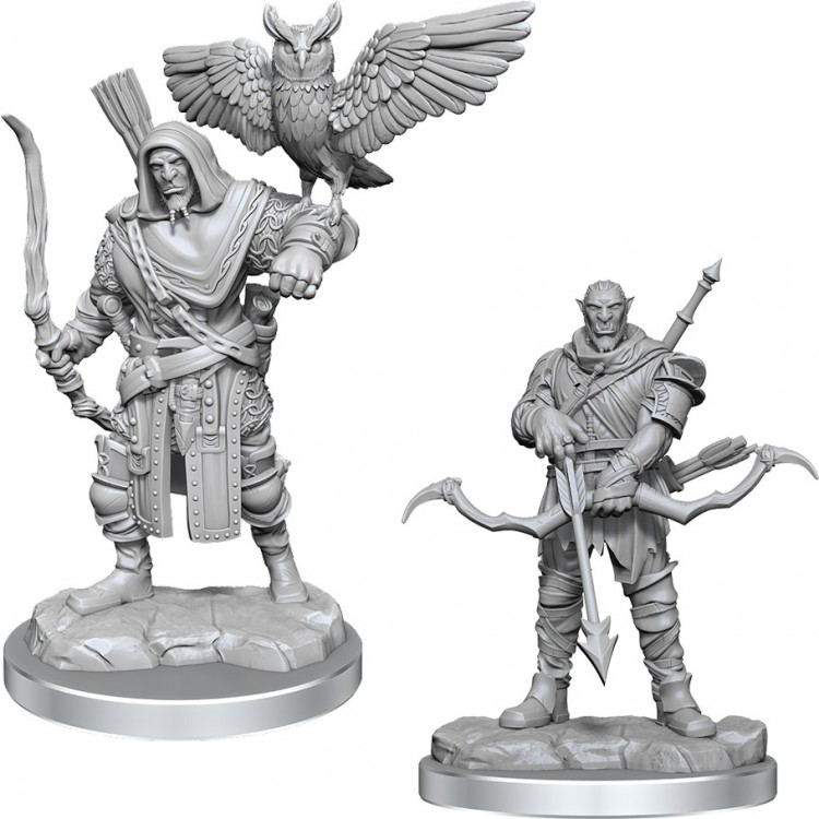D&D: Nolzur's Marvelous Minis: Orc Ranger Male W17 - Unpainted D&D miniature of male orc ranger with bow and owl perched on shoulder, detailed armor and cloak.