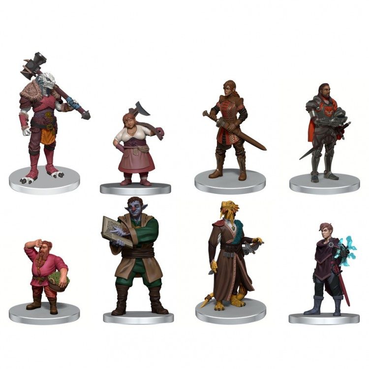 Critical Role Mini: PrePainted RPG: Box Set 3 - Eight detailed prepainted fantasy RPG miniatures including a warrior, mage, rogue, and assorted adventurers on round bases.