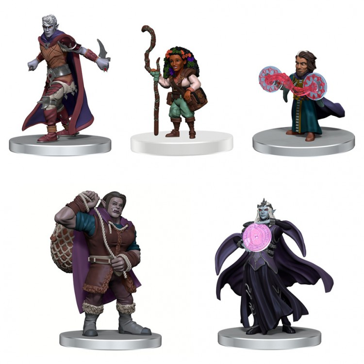 Critical Role Mini: PrePainted RPG: Box Set 4 - Five detailed prepainted fantasy RPG miniatures including a cloaked warrior, a druid with a staff and animals, a wizard.