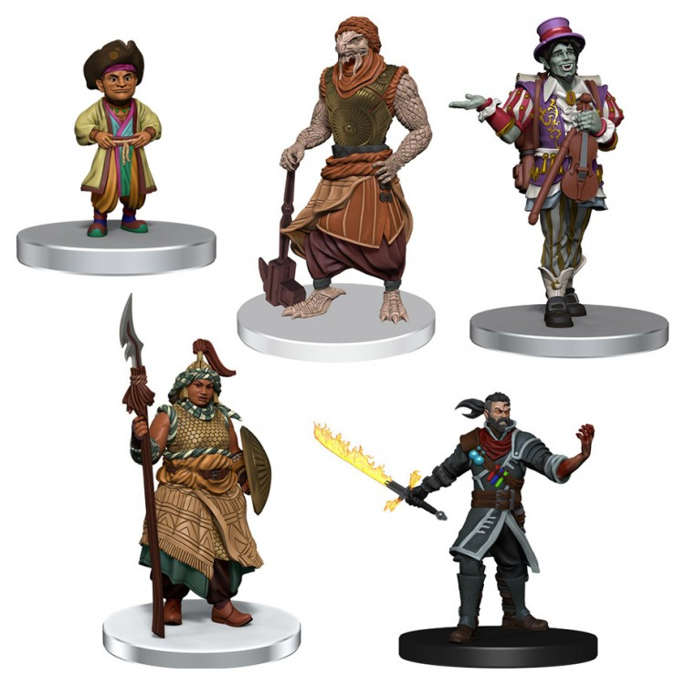 Critical Role Mini: PrePainted RPG: Box Set 5 - Five detailed fantasy miniatures in varied poses, featuring a colorful robed figure, a muscular warrior with a large hammer, .