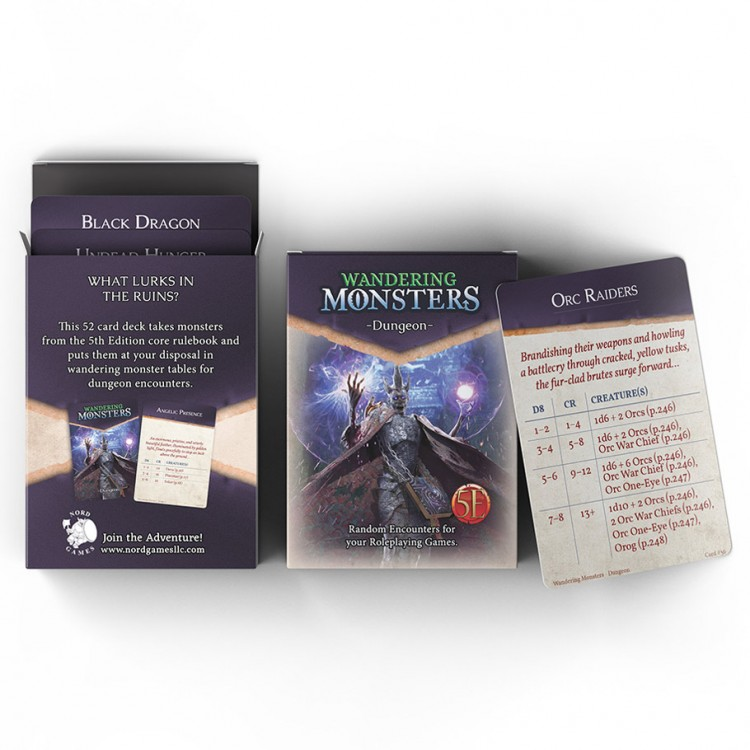 D&D 5E: Wandering Monsters: Dungeon - Set of D&D 5E Wandering Monsters Dungeon cards with fantasy artwork and stats on beige card backs.