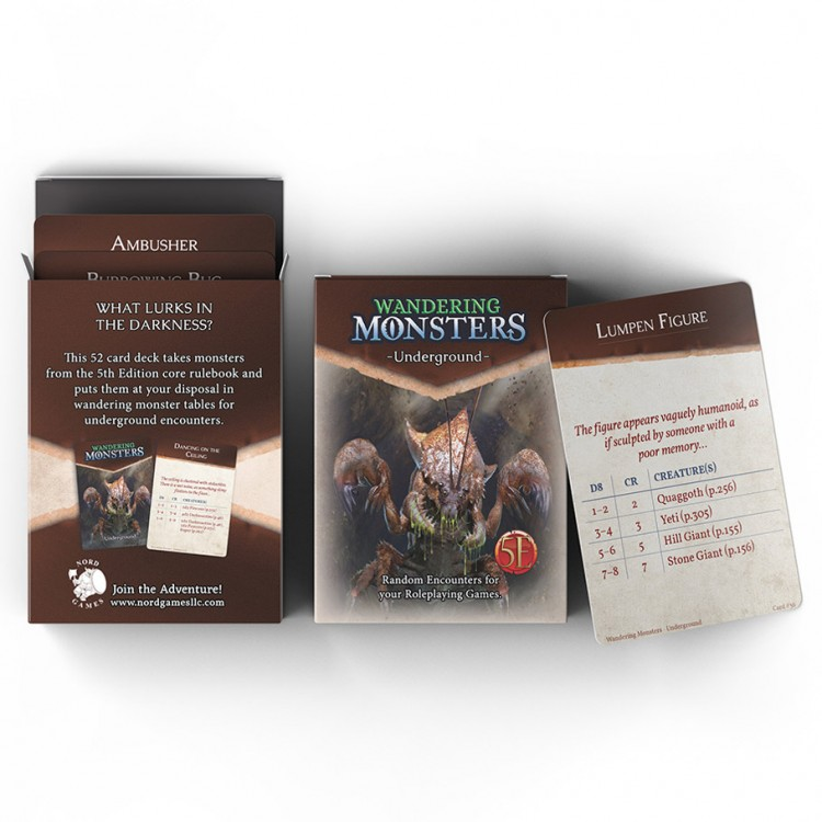 D&D 5E: Wandering Monsters: Underground - Underground card deck with box and sample card showing dungeon-themed fantasy art and game stats.