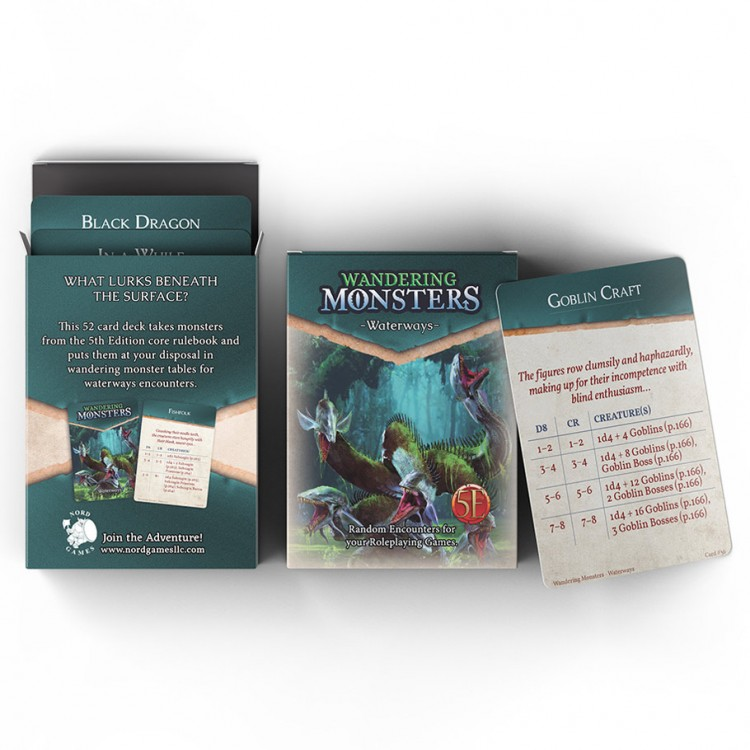 D&D 5E: Wandering Monsters: Waterways - D&D 5E Wandering Monsters Waterways card deck with full-color illustrated cards and detailed goblin stat sheet.