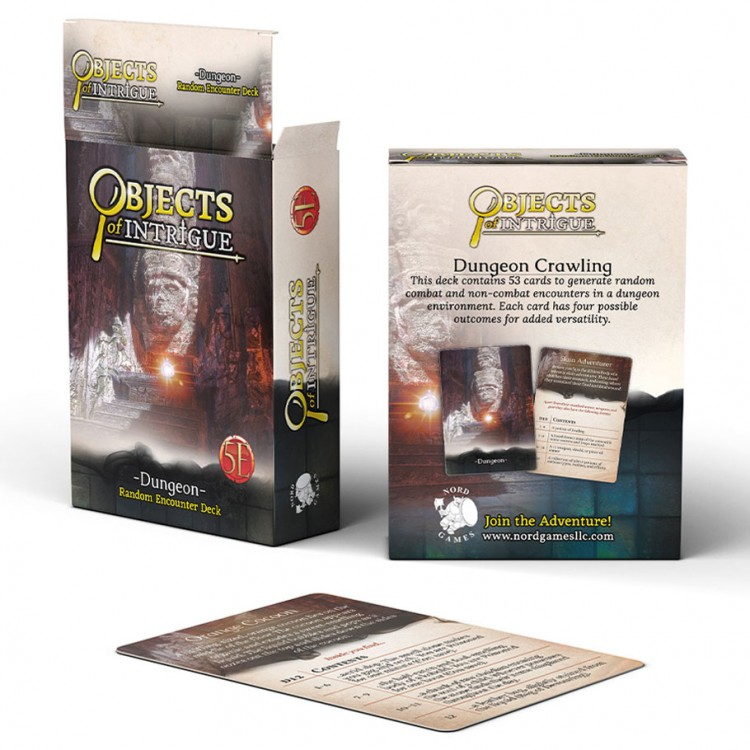 D&D 5E: Objects of Intrigue: Dungeons - D&D 5E Objects of Intrigue Dungeon Crawling cards with dark fantasy box and sample cards showing item descriptions and game.