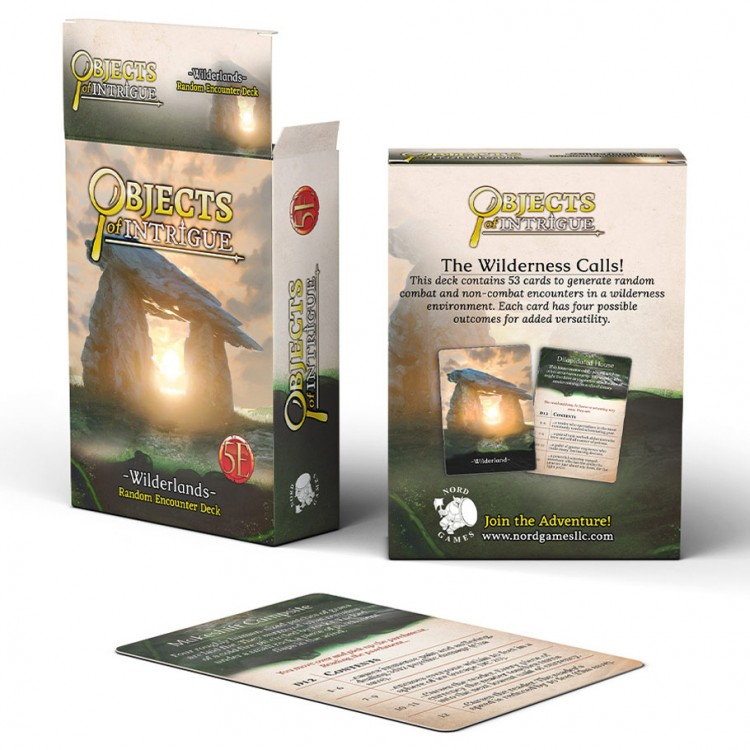 D&D 5E: Objects of Intrigue: Wilderlands - D&D 5E Objects of Intrigue Wilderlands card deck box and sample cards featuring wilderness-themed fantasy artwork and text.